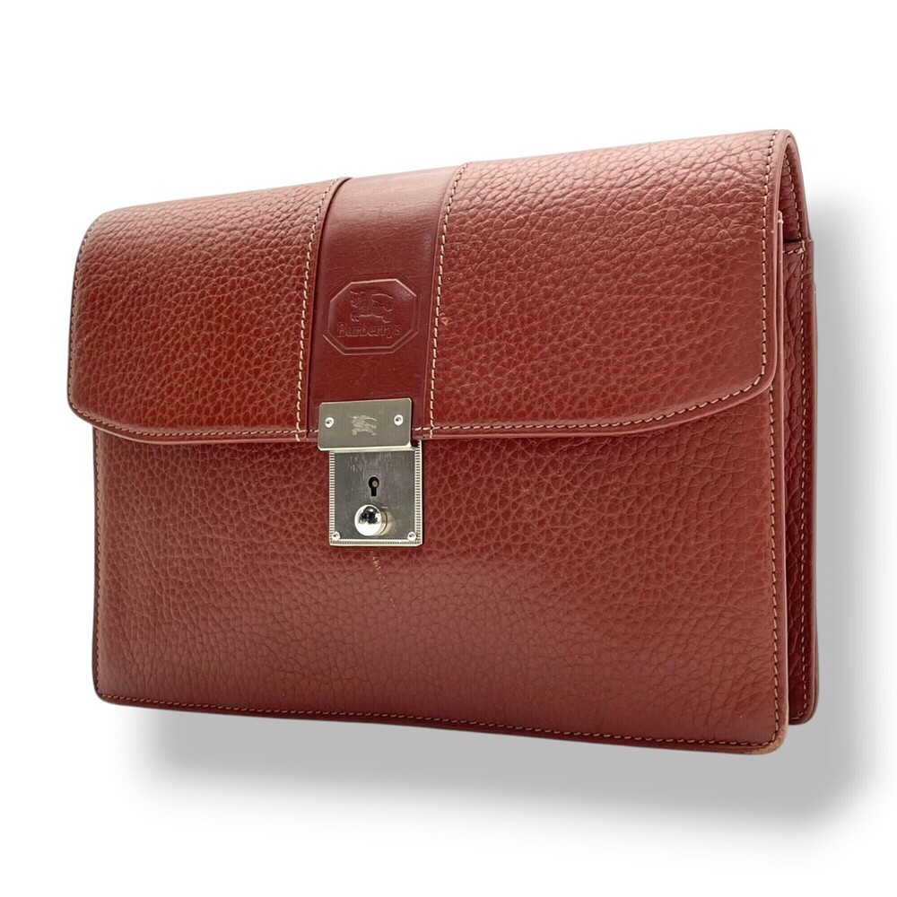 Burberry Leather Clutch Bag, Shrink Grain Leather, Brown, Silver Hardware, Me...